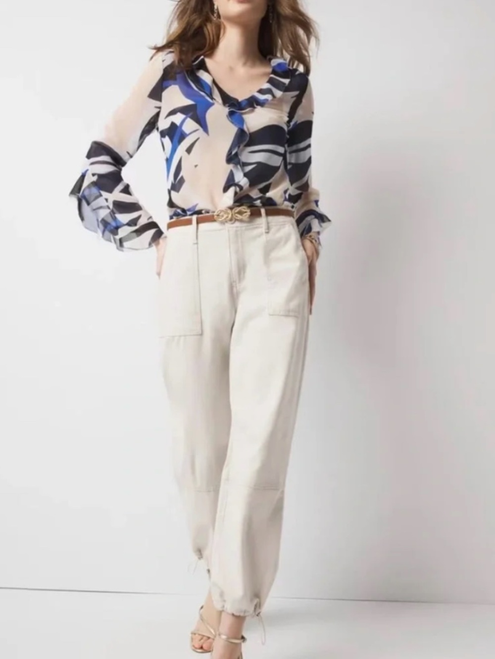 WHBM Petite High-Rise Pret Relaxed Utility Ankle Pant Cream 10P